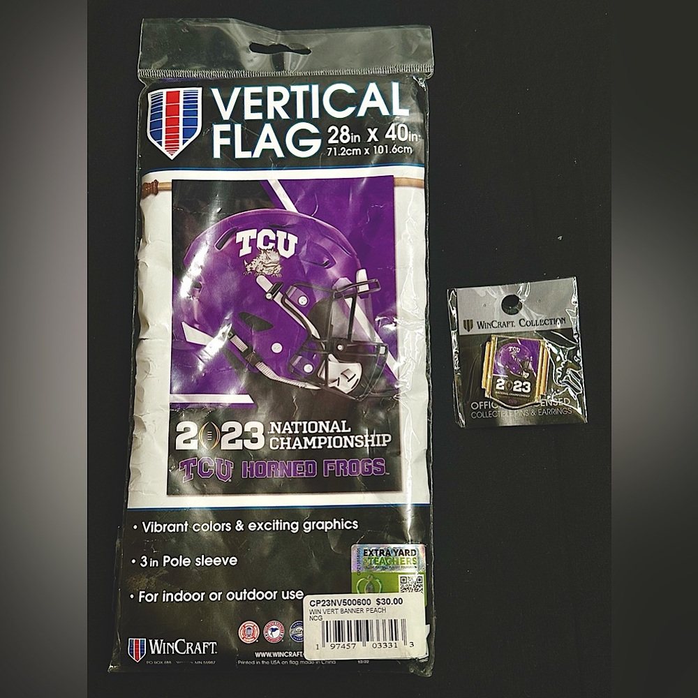 2023 Wincraft CFP National Championship TCU HORNED FROG Flag and Lapel Pin